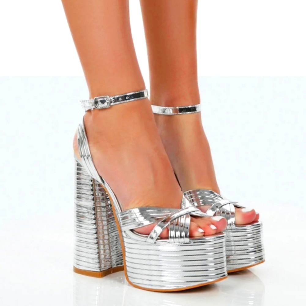 Silver platform heel sandals